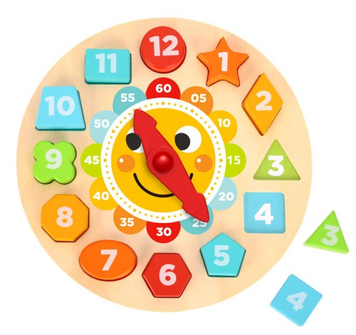 פאזל שעון צבעוני מעץ עם 12 אבנים צבעוניות ללימוד מספרים, צבעים וזמנים 1