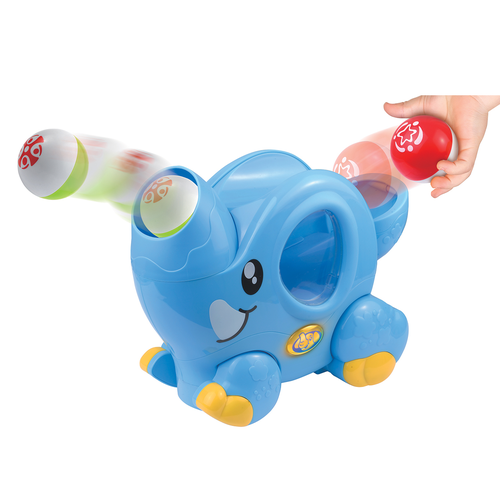 פיל מנגן ונוסע לפעוטות עם חדק מסתובב המקפיץ כדורים באוויר, כולל שני כדורי משחק לגילאי שנה ומעלה 2