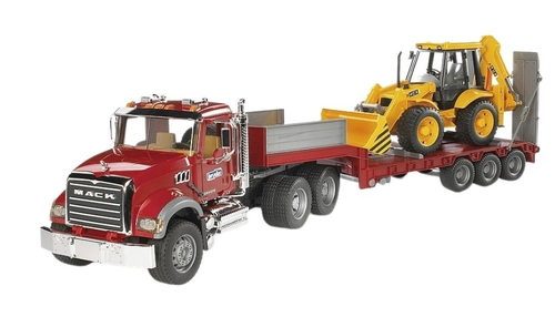 משאית גרר MACK ענקית עם כן נפתח וטרקטור JCB 4CX צהוב עם כף מתרוממת וזרוע מנוף אחורית - לילדים ולאספנים 1