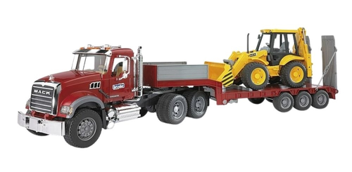 משאית גרר MACK ענקית עם כן נפתח וטרקטור JCB 4CX צהוב עם כף מתרוממת וזרוע מנוף אחורית - לילדים ולאספנים 2