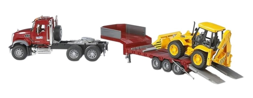 משאית גרר MACK ענקית עם כן נפתח וטרקטור JCB 4CX צהוב עם כף מתרוממת וזרוע מנוף אחורית - לילדים ולאספנים 3