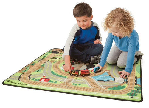 שטיח פעילות מצויר + קטר ו 2 קרונות מגנטיים מעץ - רכבת 6