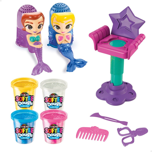 ערכת יצירה לילדים של סלון יופי הכולל כיסא מיוחד וזוג בתולות ים עם שיער עשוי בצק רך ונוצץ 2