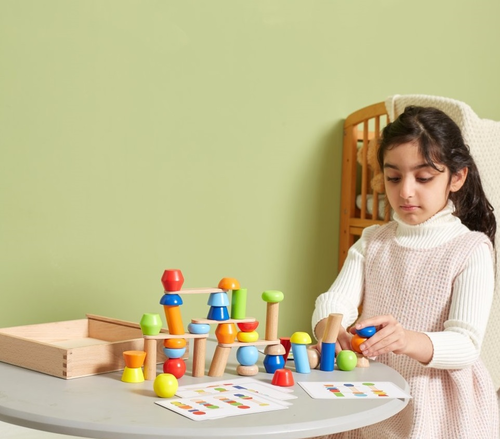 משחק בניית מגדלים מעץ מלא עם 46 לבני בנייה ו- 6 כרטיסיות משחק בקופסת עץ 5