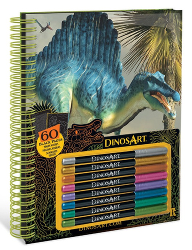 חוברת יצירה 60 דפים שחורים, 8 עטי ג'ל מטאליים - דינוזאורים 1