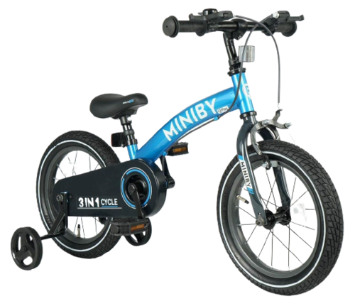 MINIBY 3in1 - אופני איזון שהופכים לאופני ילדים עם בלם יד וגלגלי עזר לגילאי 2.5-7 שנים - כחול 4