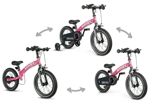MINIBY 3in1 - אופני איזון שהופכים לאופני ילדים עם בלם יד וגלגלי עזר לגילאי 2.5-7 שנים - ורוד 1