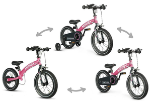 MINIBY 3in1 - אופני איזון שהופכים לאופני ילדים עם בלם יד וגלגלי עזר לגילאי 2.5-7 שנים - ורוד