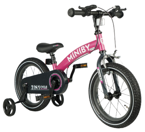 MINIBY 3in1 - אופני איזון שהופכים לאופני ילדים עם בלם יד וגלגלי עזר לגילאי 2.5-7 שנים - ורוד 4