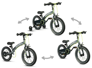 MINIBY 3in1 - אופני איזון שהופכים לאופני ילדים עם בלם יד וגלגלי עזר לגילאי 2.5-7 שנים - אפור