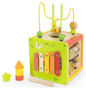 קוביית פעילות מעץ 5 ב 1 עם מבוך חרוזים, קסילופון, התאם צורה ומגוון פעילויות