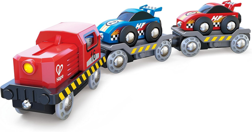 קטר עם 2 קרונות נושאים מכוניות מרוץ מעץ 6 חלקים 1