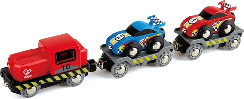 קטר עם 2 קרונות נושאים מכוניות מרוץ מעץ 6 חלקים 2