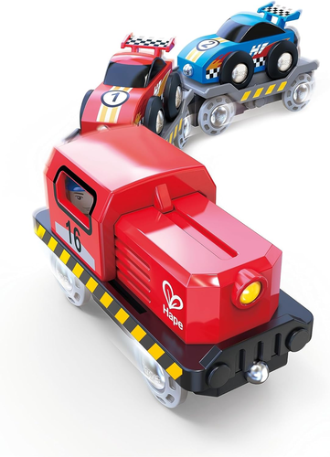 קטר עם 2 קרונות נושאים מכוניות מרוץ מעץ 6 חלקים 5
