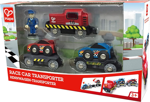 קטר עם 2 קרונות נושאים מכוניות מרוץ מעץ 6 חלקים 6