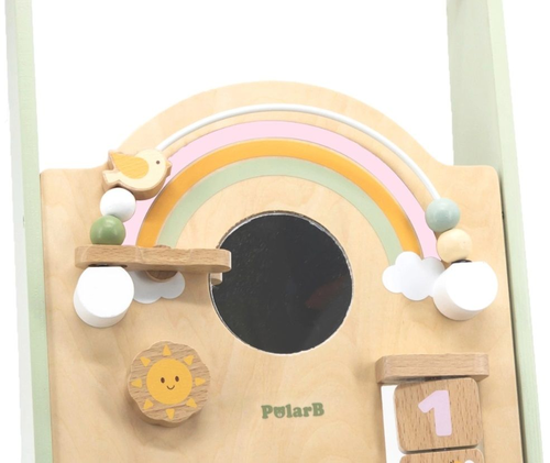 הליכון מעוצב מעץ מלא עם חרוזים, גלגלי שיניים מסתובבים, קוביות ומגוון פעילויות 4
