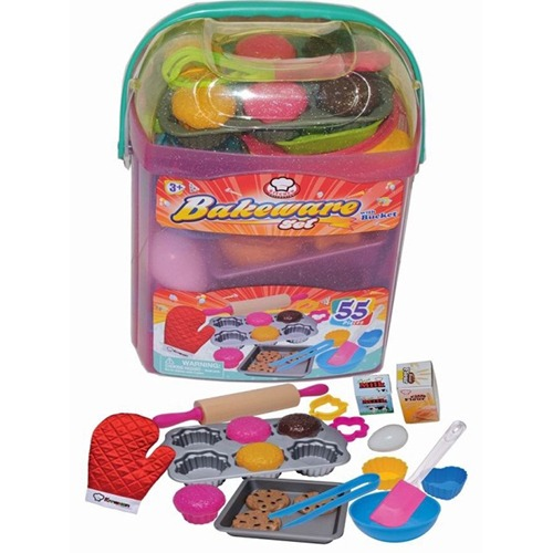 דלי פלסטיק גדול עם 55 אביזרי אפיה למטבח ילדים 1