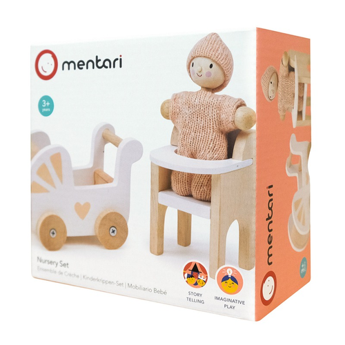 סט בובת תינוק סרוגה, כסא אוכל ועגלת תינוק מעץ 2