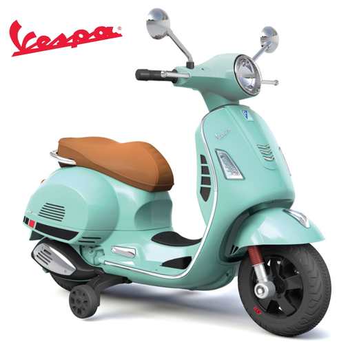 אופנוע ממונע 12V וספה VESPA מפואר עם גלגלי עזר, פסי גומי על הגלגלים, אורות ואפקטים קוליים - טורקיז 1