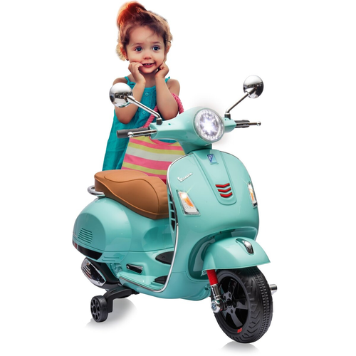 אופנוע ממונע 12V וספה VESPA מפואר עם גלגלי עזר, פסי גומי על הגלגלים, אורות ואפקטים קוליים - טורקיז 2