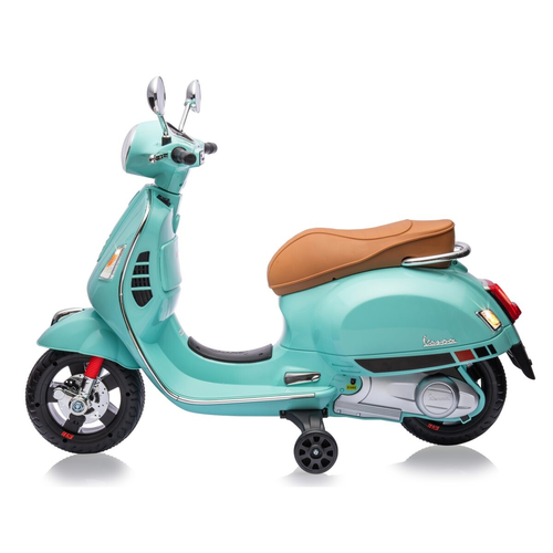 אופנוע ממונע 12V וספה VESPA מפואר עם גלגלי עזר, פסי גומי על הגלגלים, אורות ואפקטים קוליים - טורקיז 3