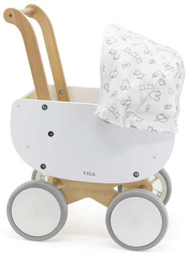 עגלת עץ לבובה עם גלגלי EVA, סל שכיבה וגגון מתקפל 1