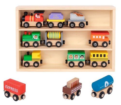 3 רכבות עץ מגנטיות 12 חלקים בקופסת עץ רב פעמית 2