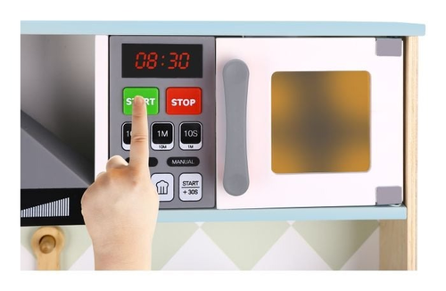 מטבח עץ לילדים עם אורות וצלילים, כיור, כיריים, מיקרו ו 8 אביזרי משחק 4