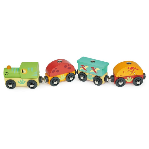 סט רכבת דינוזאורים מעץ 4 חלקים עם קטר וחיבור מגנטי בין הקרונות 1