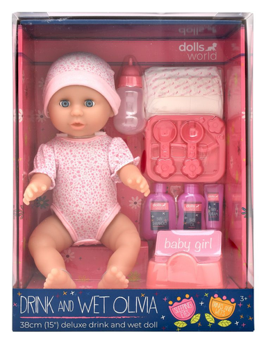 Dolls World אוליביה הבובה ששותה ועושה פיפי עם 10 אביזרים להאכלה וטיפול 2