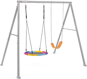 מתקן חצר ממתכת ל 2 לילדים עם נדנדת בוגר ונדנדת קן ציפור - אפור