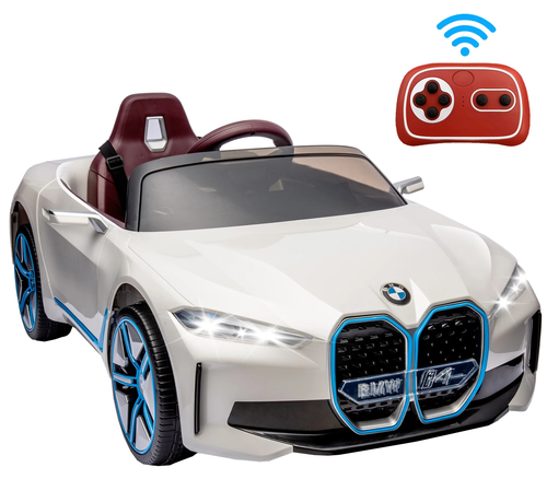 מכונית ממונעת 12V לילדים בדמות BMW I4 עם שלט רחוק, אורות ומושב דמוי עור - לבן 1