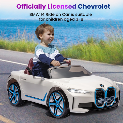 מכונית ממונעת 12V לילדים בדמות BMW I4 עם שלט רחוק, אורות ומושב דמוי עור - לבן 2