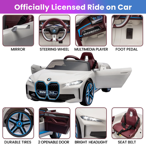 מכונית ממונעת 12V לילדים בדמות BMW I4 עם שלט רחוק, אורות ומושב דמוי עור - לבן 3