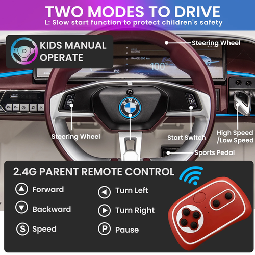 מכונית ממונעת 12V לילדים בדמות BMW I4 עם שלט רחוק, אורות ומושב דמוי עור - לבן 4