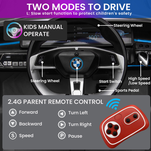 מכונית ממונעת 12V לילדים בדמות BMW I4 עם שלט רחוק, אורות ומושב דמוי עור - שחור 4