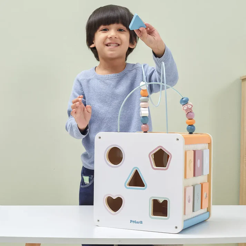 קוביית פעילות מעץ 8 ב 1 עם מבוך חרוזים, קסילופון, התאם צורה ומגוון פעילויות 8