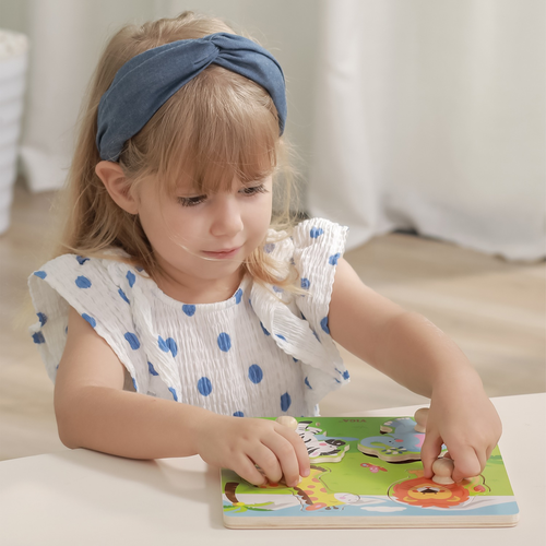 פאזל מעץ לפעוטות עם כפתורים 4 חלקים ותמונה תחתית - חיות הג'ונגל 3