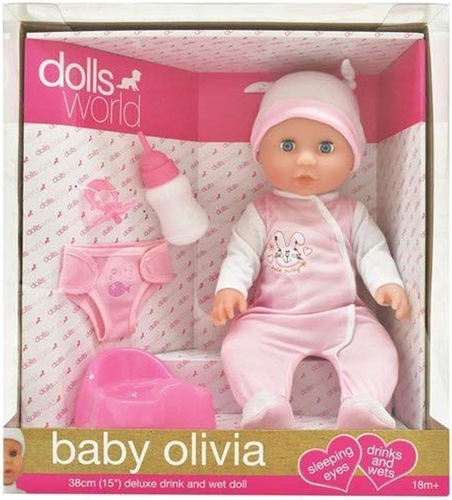 Dolls World - בובת תינוק אוליביה שותה ועושה פיפי עם 4 אביזרים להאכלה וטיפול 4