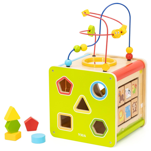 קוביית פעילות מעץ 9 ב 1 עם מבוך חרוזים, התאם צורה וגלגלי שיניים 1