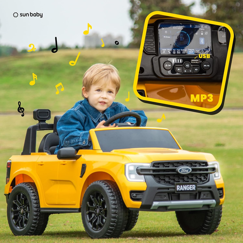 מכונית ממונעת 12V לילדים פורד ריינג'ר FORD Ranger עם שלט רחוק, אורות ומושב דמוי עור - שחור