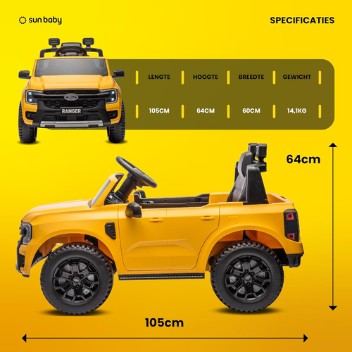 מכונית ממונעת 12V לילדים פורד ריינג'ר FORD Ranger עם שלט רחוק, אורות ומושב דמוי עור - שחור