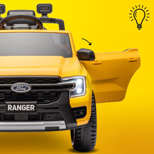 מכונית ממונעת 12V לילדים פורד ריינג'ר FORD Ranger עם שלט רחוק, אורות ומושב דמוי עור - שחור