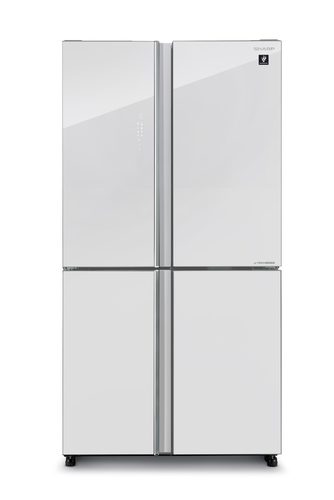 מקרר 4 דלתות 525 ליטר של חברת SHARP דגם SJ-8590WH זכוכית לבנה Inverter כולל פיקוד שבת מובנה רוחב: 89.2 ס״מ