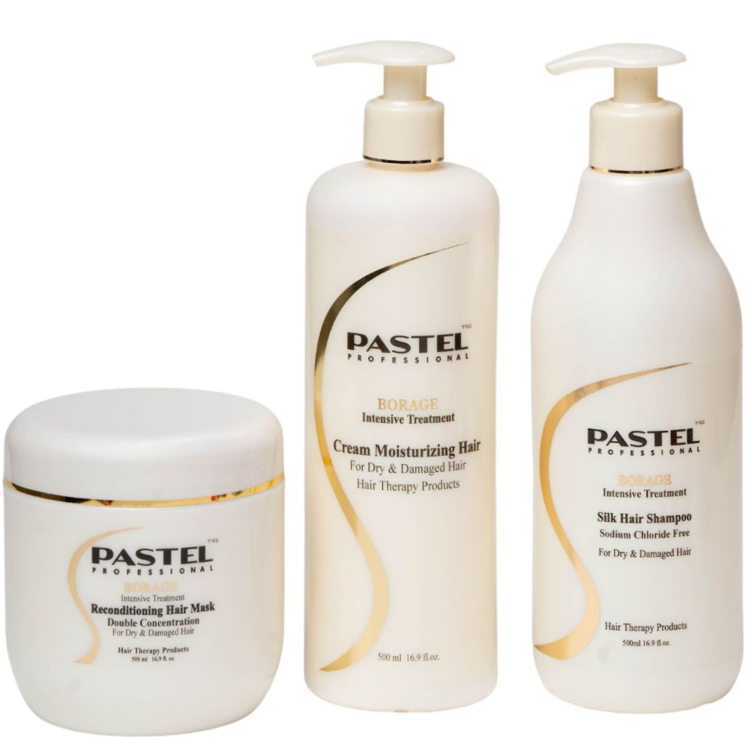 מארז טיפוח לשיער PASTEL BORAGE שמפו+ מסכה+ קרם לשיער יבש ופגום פסטל