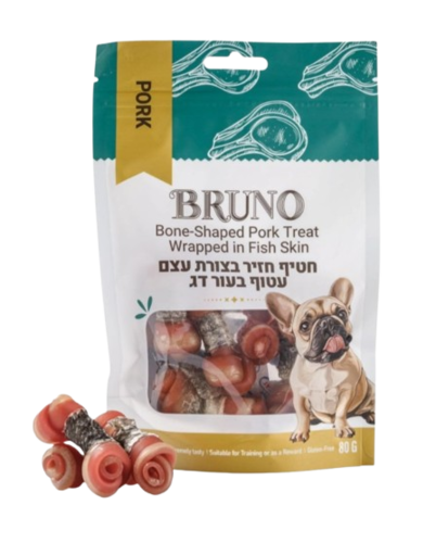 ברונו חטיף חזיר בצורת עצם עטוף בעור דג 80 גר' לכלב