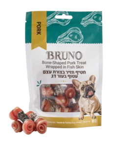 ברונו חטיף חזיר בצורת עצם עטוף בעור דג 80 גר