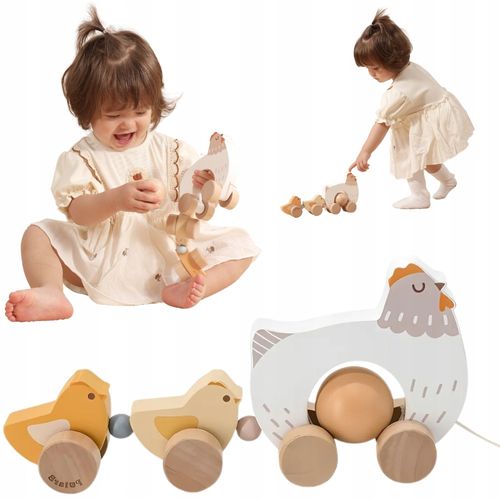 צעצוע עץ למשיכה ועידוד הליכה - תרנגולת ואפרוחים