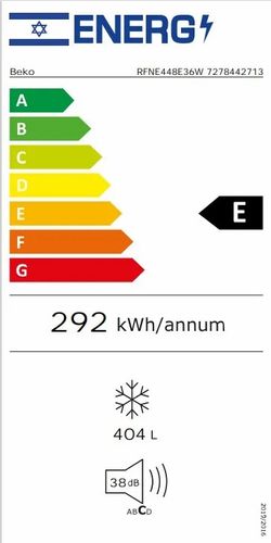 מקפיא BEKO RFNE448E36W לבן, 404 ליטר, 8 מגירות, No Frost כולל פיקוד שבת דורות