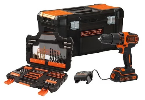 מקדחה דופקת/מברגה+סט אביזרים וארגז כלים Black+Decker BDCHD18S1KA-QW